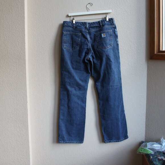 Carhartt Pink Flannel Lined Jeans Women 12X 32 Relaxed Fit Straight Blue Denim - Picture 2 of 3